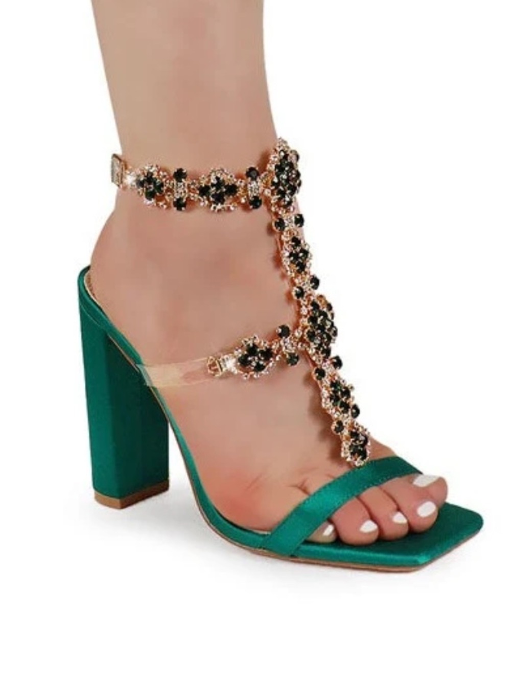 Liliana Emerald Jeweled T-Strap Block Heel Sandal